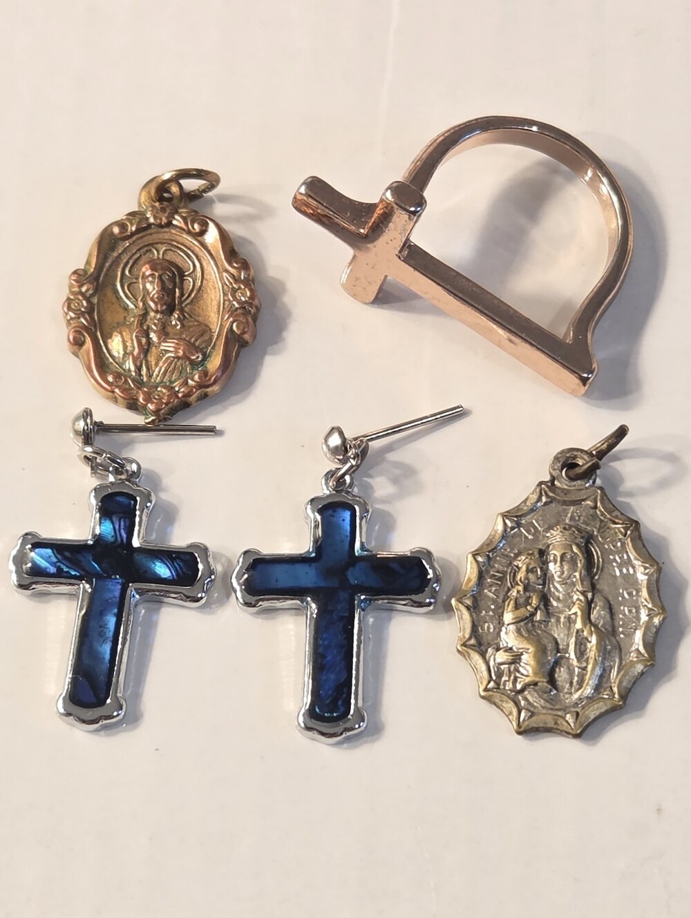 Mixed Religious Cross & Medal Jewelry Set with Blue Enamel Crosses